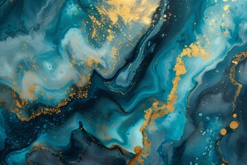 Blue gold abstract background of marble liquid ink art painting on paper. Image of original artwork watercolor alcohol ink paint on high quality paper texture.