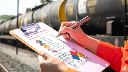 Fotobehang Action of an engineer is checking on chemical hazardous material checklist form with background of train freight tanker for crude oil or chemical cargo. Industrial safety working scene.  © Nattawit