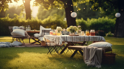 A backyard party with a picnic-style setup on the grass