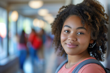 A young black plus-size school girl with curly hair and a backpack. School Background at sunny day