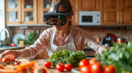 Smart glasses. An enthusiastic home chef prepares a meal while wearing virtual reality glasses, displaying interactive cooking instructions in a modern kitchen.