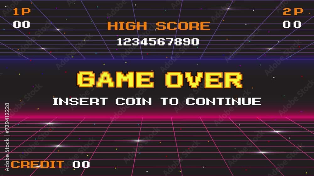 Poster game over insert a coin to continue .pixel art .8 bit game. retro game. for game assets. retro futur