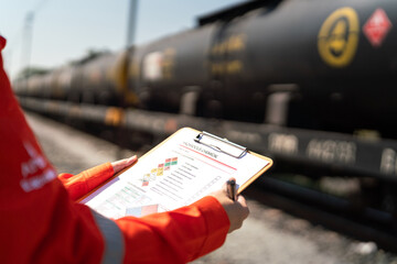 Action of an engineer is checking on chemical hazardous material checklist form with background of train freight tanker for crude oil or chemical cargo. Industrial safety working scene. 