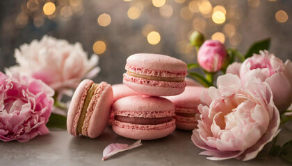 Pink macaroons , pink peonies in blurred background. French delicate dessert.