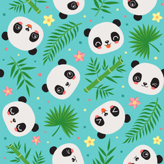 Cute animal seamless pattern with baby panda. Colorful vector illustration. Safari animal, tropical plants. Fun childish repeat design for children textile fabric print, wallpaper, wrapping paper.