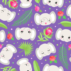 Cute animal seamless pattern with baby elephant. Colorful vector illustration. Safari animal, tropical plants. Fun childish repeat design for children textile fabric print, wallpaper, wrapping paper.