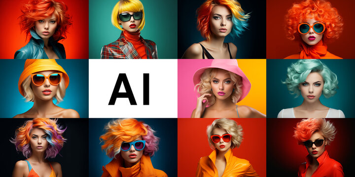 Generative AI photo examples collage. Artificial intelligence photography sample set. Fashion model close-up portrait. Vibrant design color style. Group of women showcasing various hairstyle