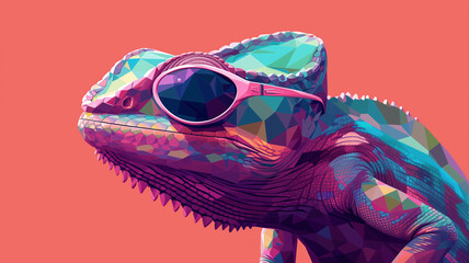 Chameleon wearing sunglasses against a solid background.