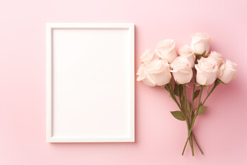 Blank white vertical frame with roses on pink background, frame mockup with copy space