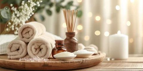 Papier Peint photo Spa Skincare, spa, health and massage or relaxation concept. Candle, spa and relax with natural aromatherapy treatment in a room for luxury or wellness on wooden tray