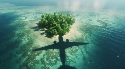 The shadow of an airplane cast over a lush, tropical island surrounded by the clear blue waters of a serene ocean.