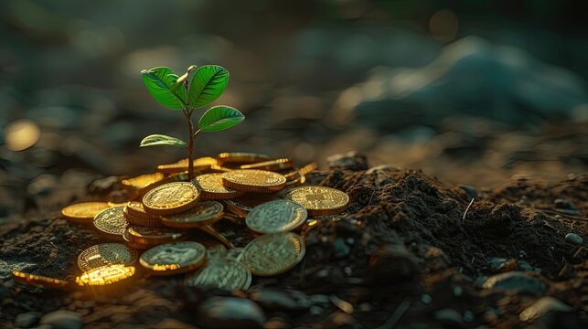 A metaphorical image of a young green plant sprouting from a pile of golden coins buried in fertile soil, symbolizing growth and investment.
