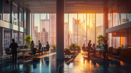 A digital rendering of corporate professionals in a high-rise office with panoramic windows. - obrazy, fototapety, plakaty