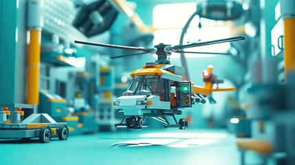 A detailed toy helicopter hovers in a brightly colored, futuristic workshop with drones and various machinery in the background.