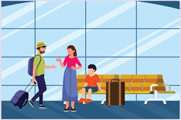 Happy people traveling at airport. Concept of passenger activities at the airport. Colored flat vector illustration isolated.	