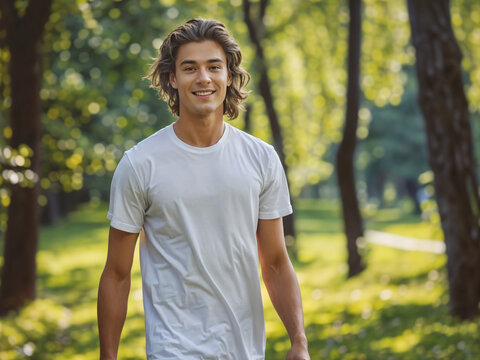 White short sleeves T-shirt mockup on a young guy, park and nature background summer