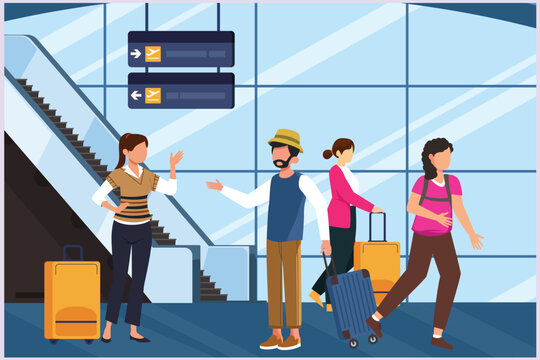 Happy people traveling at airport. Concept of passenger activities at the airport. Colored flat vector illustration isolated.	