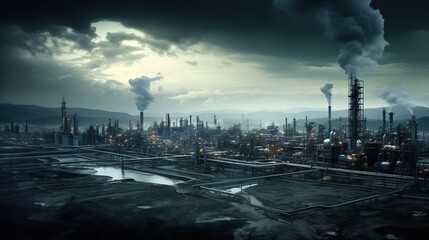Smoke rises from the smokestacks of an expansive industrial complex and refinery. - obrazy, fototapety, plakaty