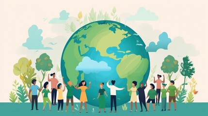 A diverse group of illustrated people encircles a large globe with growing trees
