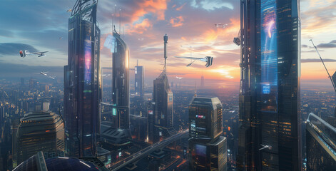 A futuristic cityscape, showcasing skyscrapers made of transparent materials.