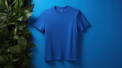 Blue short-sleeved t-shirt laid flat on a matching blue background, creating a monochromatic look.