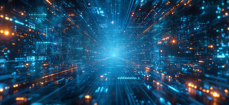 Digital cyberspace with streams of glowing blue data, resembling a futuristic cityscape at night.