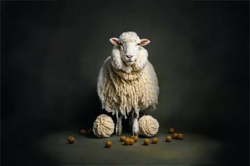 Un mouton avec de la laine tressée sur lui et des pelote à ses pieds - generative AI - obrazy, fototapety, plakaty