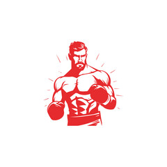 Muscular Boxer logo with boxing ring background - boxing emblem, logo design, illustration on white background