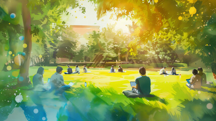 A serene watercolor landscape of an outdoor classroom in a park, with cyan-colored educational technology seamlessly integrated into nature.