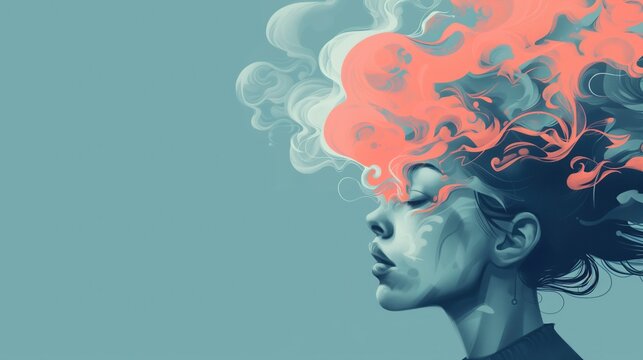 Colorful Mind: Painting of Portrait of Woman with Swirling Orange Cloud - Mental Health Concept