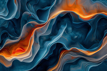 Fototapeta premium abstract landscape with flowing forms and waves, rich in colors of turquoise, amber, and terracotta, evoking a sense of fluid motion and organic shapes.