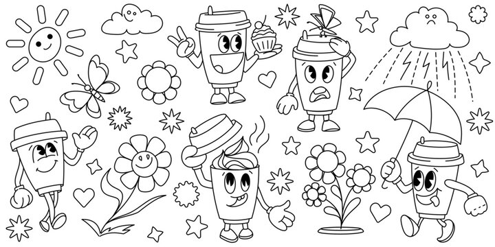 Set of vintage groovy characters, walking Coffee Cup and retro cartoon elements for sticker design,