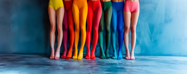Teenage legs in multi-colored tights and shorts at the blue background, banner, copy space. Consepts: diversity, community, fashion, individuality, dance school, ballet