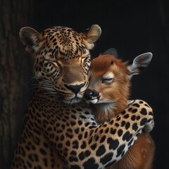 A mother leopard hugs a sleeping fawn.