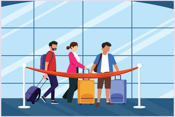 Happy people traveling at airport. Concept of passenger activities at the airport. Colored flat vector illustration isolated.	