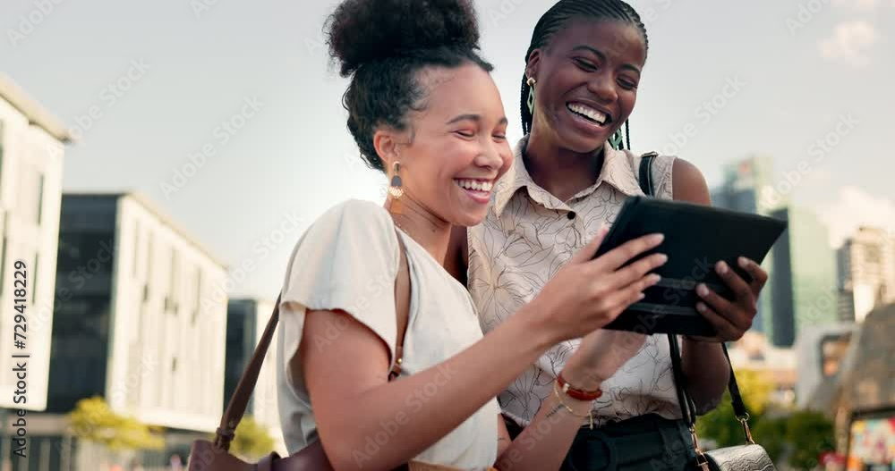 Sticker Business women, laughing on tablet and city for social media planning, b2b communication and funny blog. Young creative people talking, happy and teamwork outdoor on digital technology and networking