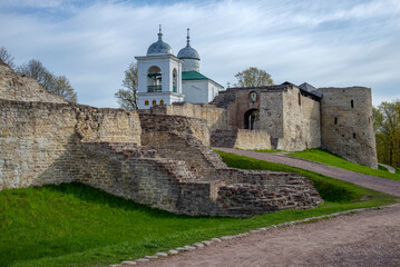 Fototapeta na wymiar At the walls of the ancient fortress, Izborsk. Pskov region, Russia