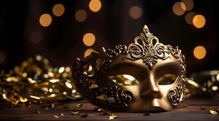 Carnival mask with golden confetti and bokeh background.