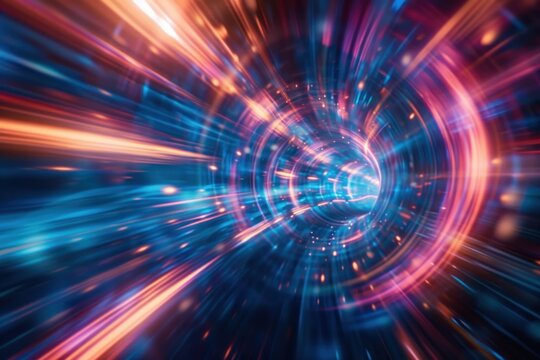 Dynamic warp effect of motion and energy with blue and pink glowing lights of tunnel