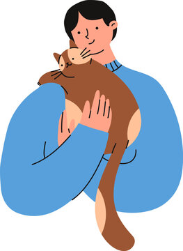 Man is holding a cute cat in her hands. Pet owner. Flat vector illustration.