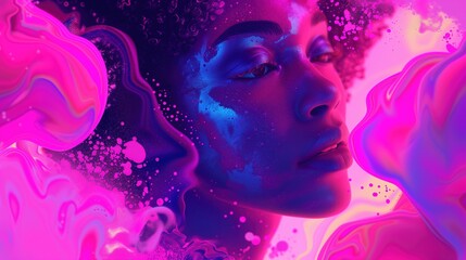 Neon Liquid Portrait: Abstract Black Woman with Pink and Blue, and Purple Overtones