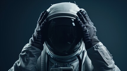 Astronaut Portrait: Hands on Space Helmet, Dark Blue Background - obrazy, fototapety, plakaty