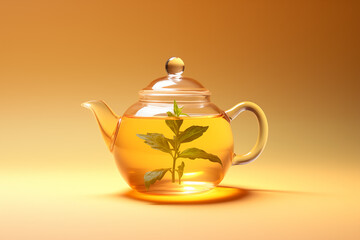 transparent glass teapot with tisane inside on a yellow background
