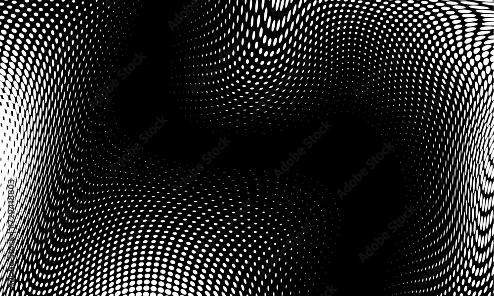 Poster Monochrome gradient halftone dots background. Vector illustration. Abstract grunge dots on black background