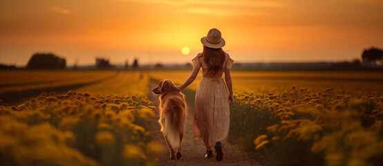 Back view of a woman in a field of flowers with her labrador dog at sunset, wearing a summer dress and hat.  - obrazy, fototapety, plakaty