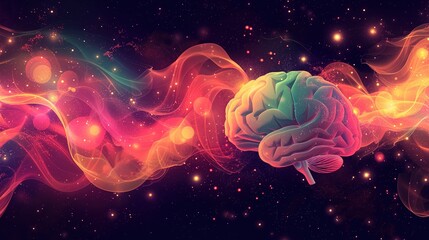 Colorful Illustration of Human Brain in Space: Orange, Green, and Red Colors