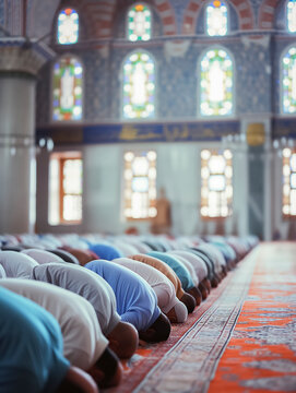 Muslims praying in a mosque - muslim religion and ramadan concept