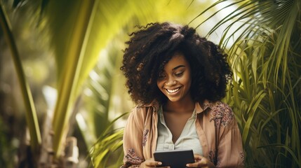 Young Woman Smiling While Using Tablet Amidst Lush Greenery in Daylight