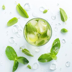 Obraz premium Refreshing Glass of Ice and Mint Leaves