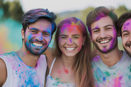 Young guys and a girl with colored powder on their faces celebrate the Holi festival.